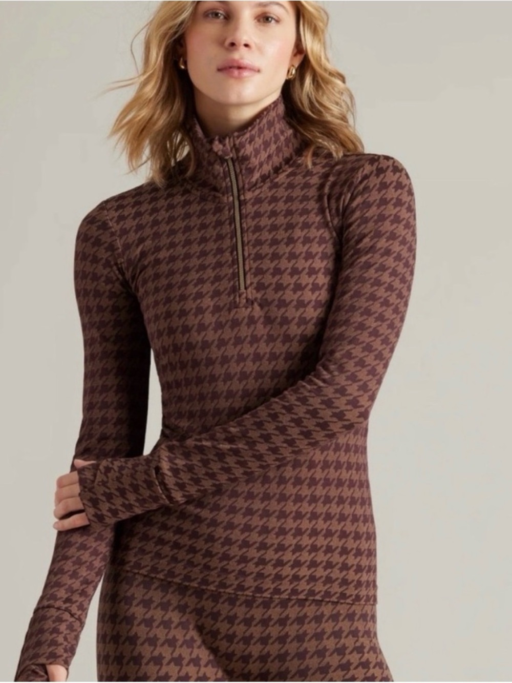 RHONE Brown Houndstooth Half-Zip Cowl Sweater and seamless base leggings
